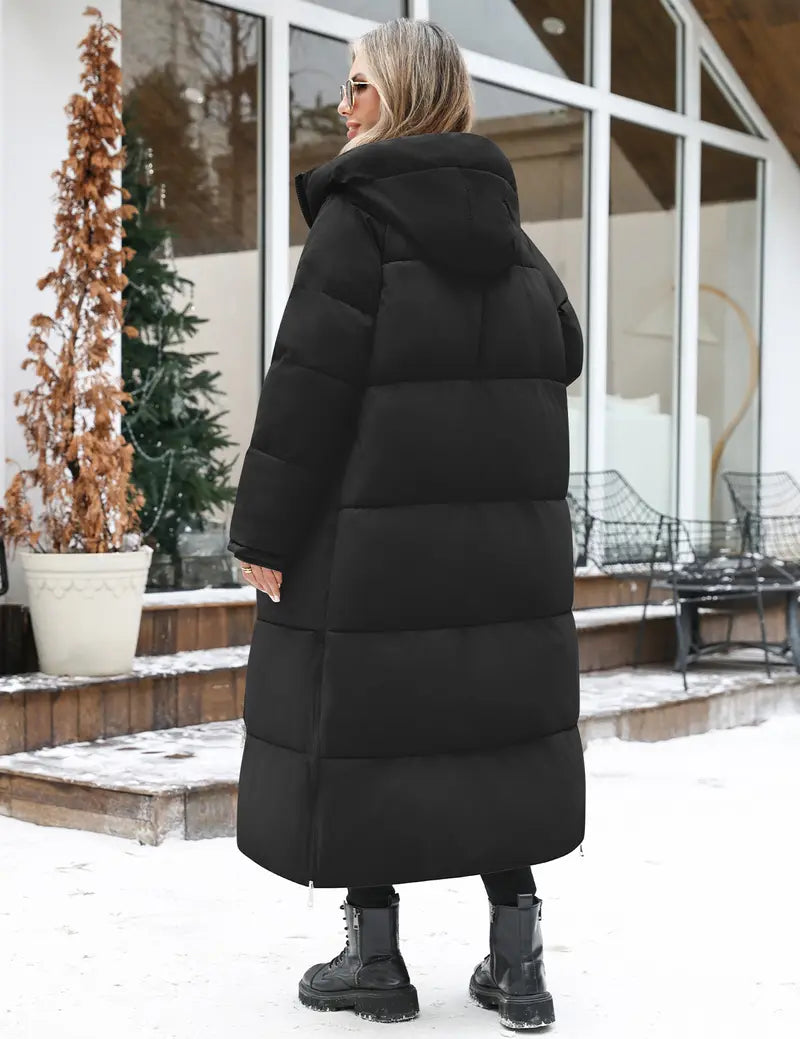 FASHORA Women Long Quilted Coat Hooded Maxi Length Long Sleeve Puffer Jacket Padded Coat Winter Outerwear Water-repellent