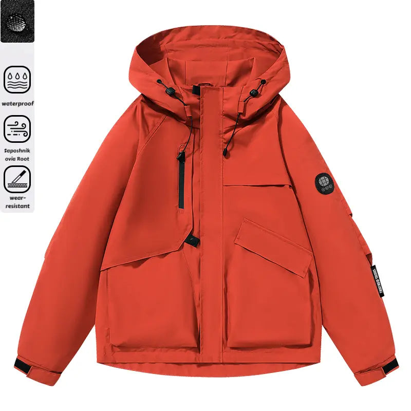 Men's Multi-Pocket Cargo Hooded Windbreaker Jacket - Functional, Water-Resistant Outdoor Coat for Cycling, Daily Travel, Hiking