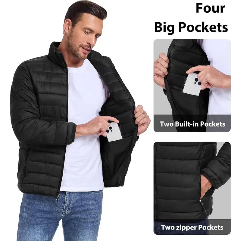 Zoofly Men's Regular Fit Casual Long Sleeve Winter Puffer Down Coat - Elastic, Thermal, Lightweight, Waterproof, Polyester Outerwear with Zip Pockets, Machine Washable