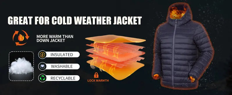 Pioneer Camp Men's Lightweight Packable Hooded Heated Puffer Jacket - Male Clothing, Windproof, Thermal Long Sleeve, Full Zip Front, 6-Pocket, Insulated, Breathable Bubble Cotton, Elastic Cuff Outerwear with Polyester Fill for Running, Travel