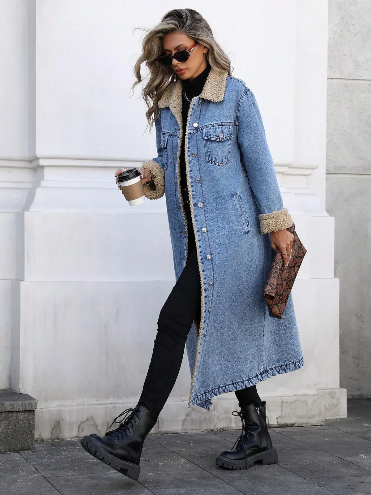 Women's Fall Winter Chic Fashion Long Cozy Denim Jacket with Long Sleeves, Elegant Lapel Single Button Fleece Lined Warm Coat, Casual Versatile Outerwear