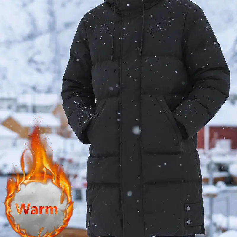 Men’s Winter Long Plain Puffer Jacket (Plus Size/Big & Tall) - Polyester-Filled Heavyweight Quilted Windproof Coat, Adjustable Drawstring Hood, Snap Buttons Hem, Zip-Up Street Chic Warm Jacket for Extreme Cold