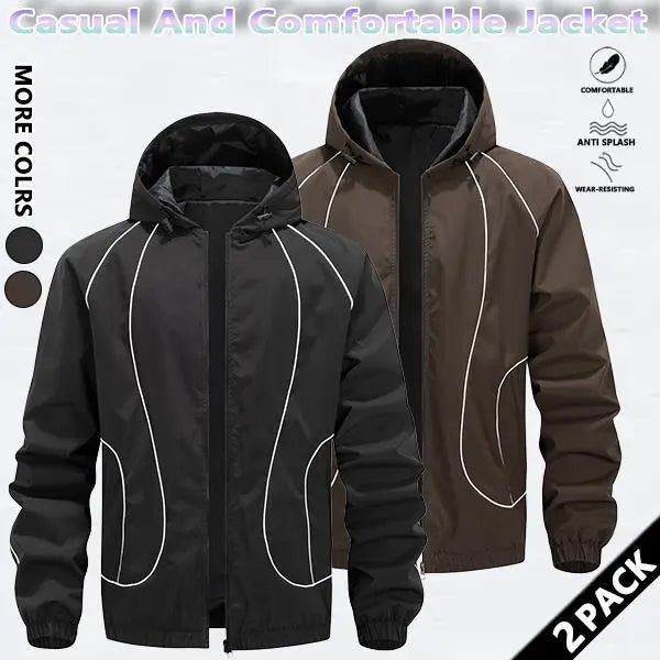 Men's Chic Woven Waterproof Windproof Front Zip Hooded Jacket - Rain-Ready Year-Round Menswear Top Coat with Drawstring, Striped Print, Zipper Pockets, Suitable for Outdoor Activities - SpringStatements