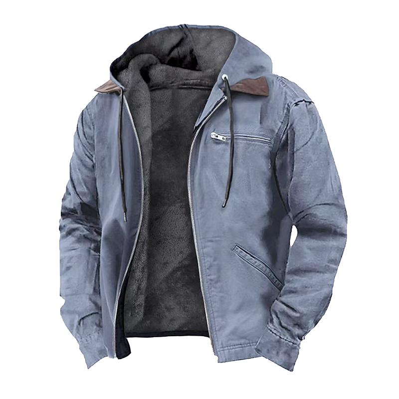Men’s fleece-lined hooded canvas work jacket, zip-up removable collar, warm winter utility outerwear, casual trucker coat