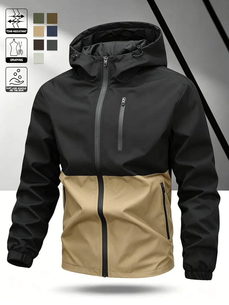 Men’s Color-Block Hooded Hardshell Coat - Tear-Resistant, Wear-Resistant Menswear with Contrast Zip, Multiple Waterproof Zippered Pockets, Adjustable Drawstring Hood, Long-Sleeve Outerwear for Autumn/Winter Mountaineering, Hiking