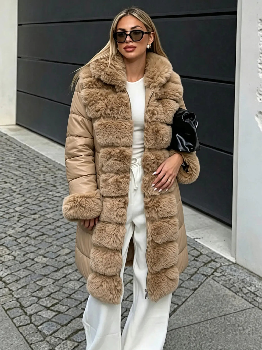 Women's Elegant Chic puffer Coat with Fleece Trim, Faux Fur & Belt, Mid-Length Fall Winter Hooded Fitted Woven Jacket, Warm Daily Wear Outerwear Tops, Womenswear