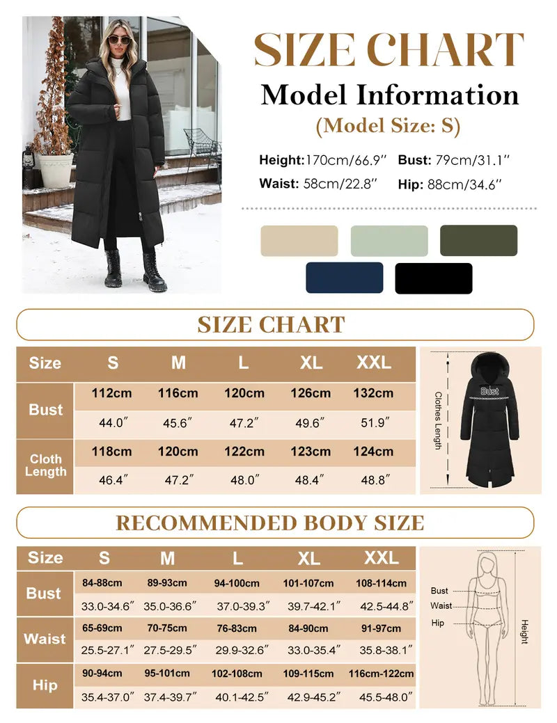 FASHORA Women Long Quilted Coat Hooded Maxi Length Long Sleeve Puffer Jacket Padded Coat Winter Outerwear Water-repellent