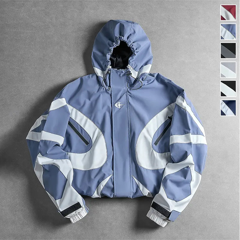 All Season Curved Contrast Spliced Fixed Hood Wind Jacket for Men, Tiny Chest Logo Velcro Cuffs & Drawstring Bottom Hem, Durable Light Zip Up Outer Coat for Shopping Training Street Style
