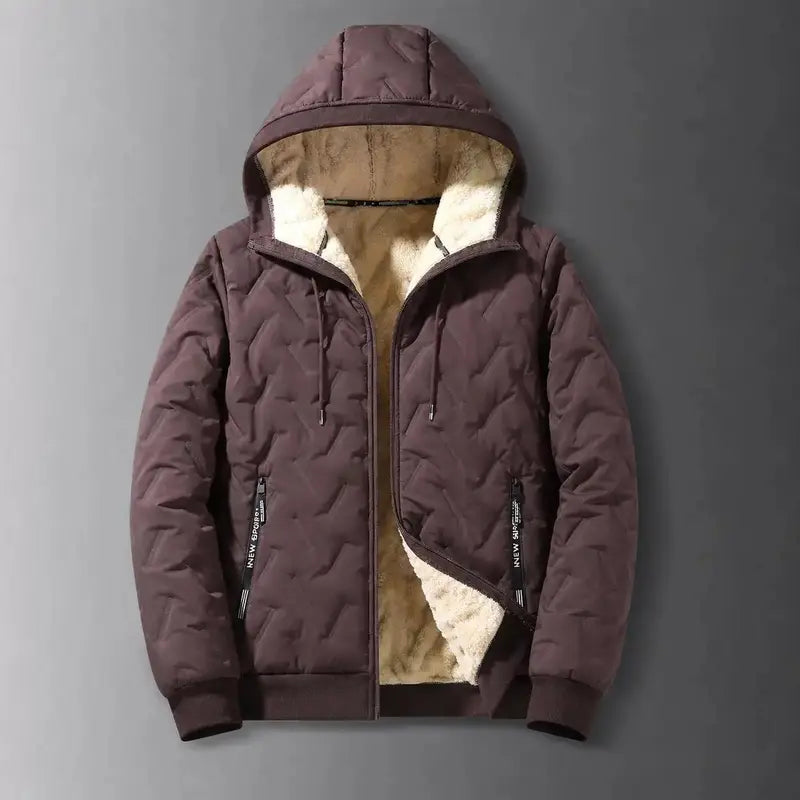 Men's winter jacket lined hooded jacket windproof and waterproof heavyweight outdoor warm jacket with safety zipper pocket high-performance filled bomb jacket lightweight geometric texture technology clothing black Sherpa Fleece