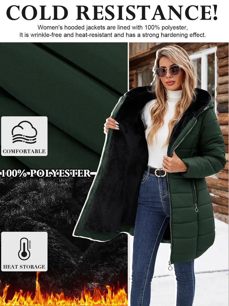 HEEKPEK Lady's Hooded Neck Fitted Long Sleeve Full Arm Down Fabric Jacket - Windproof, Waterproof, Fur-Lined, Zipper Front, Stylish Tops for Women for Commuting, Outdoor Activities
