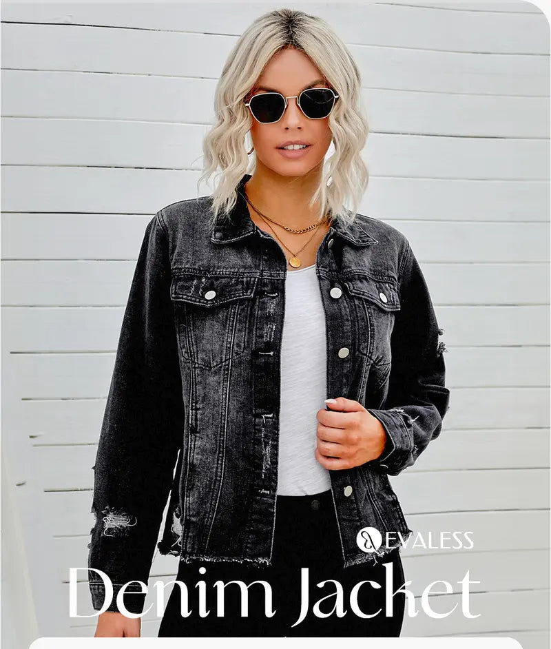 EVALESS Women's Casual Short Jean Jackets Non Stretch Distressed Ripped Boyfriend Washed Coats Lapel Long Sleeve Denim Jacket Outwear Tops 2026 Womenswear Spring Winter Outfits Deals For You Days summer outfits,back to school,back to school shoppi...