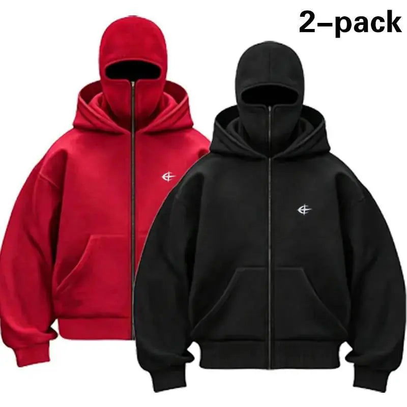Unisex Double Hood Balaclava Full Zip Hoodie, Y2K Streetwear Boxy Cropped Fleece Sweatshirt, Ski Mask Face Cover Zip Up Jacket for Men Women, Multiple Colours