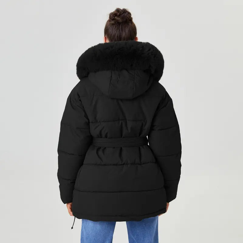 Katch Me Chic (US/CN)Women's Chic Solid Color Fluffy Hooded Zip-Up Belt Decor Cotton Coat, Cozy Outerwear Jacket for Fall & Winter, Classy Long Sleeve Womenswear