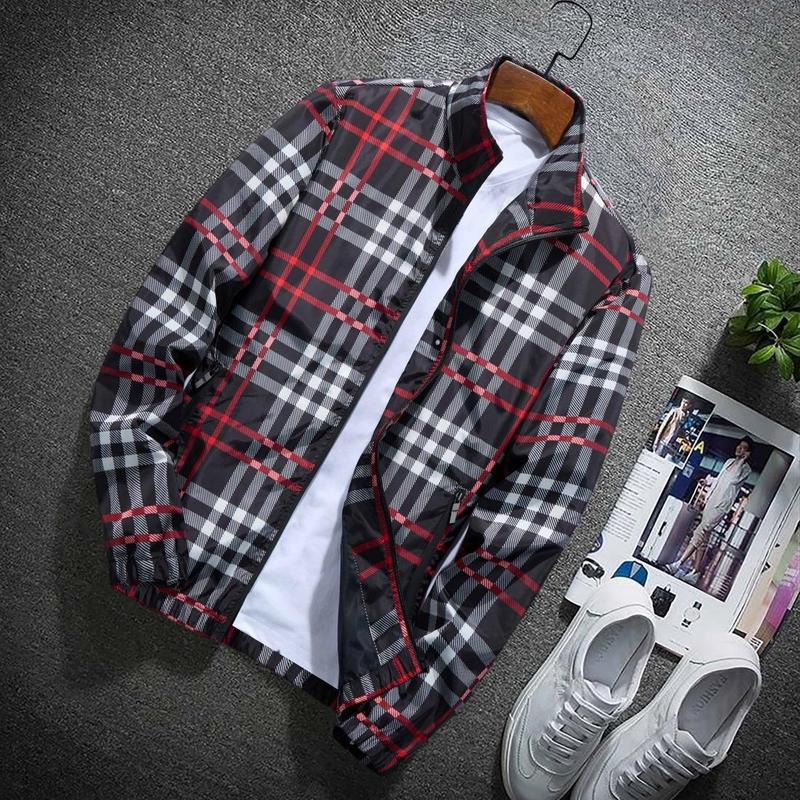 Men’s lightweight hooded jacket (with a stand collar option), zip-up windbreaker featuring adjustable drawstring and color-block stripe design, spring/autumn fashion style, men’s jacket, men’s outerwear, stylish khaki plaid pattern sohochic