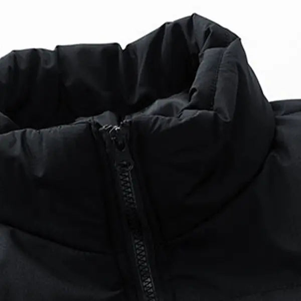 Men’s Black Stand-Collar Long-Sleeves Thick Insulated Woven Sports Jacket, Zipper Closure, Loose Fit - Ideal for Autumn/Winter Everyday Commuting
