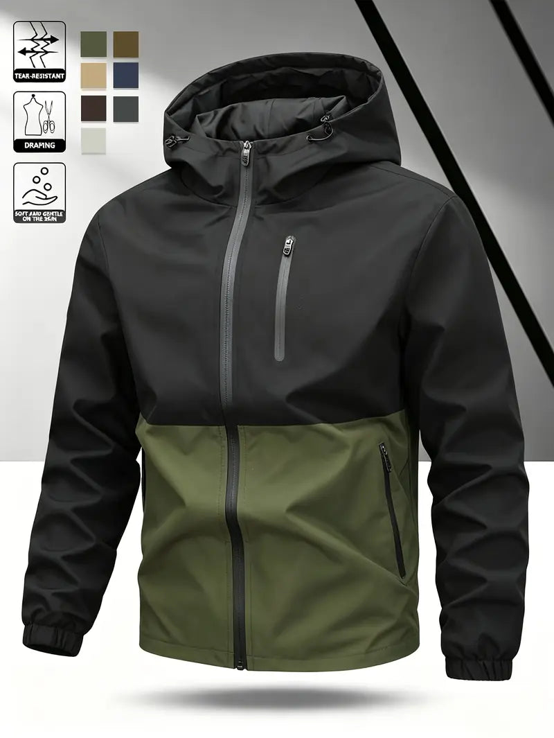 Men’s Color-Block Hooded Hardshell Coat - Tear-Resistant, Wear-Resistant Menswear with Contrast Zip, Multiple Waterproof Zippered Pockets, Adjustable Drawstring Hood, Long-Sleeve Outerwear for Autumn/Winter Mountaineering, Hiking