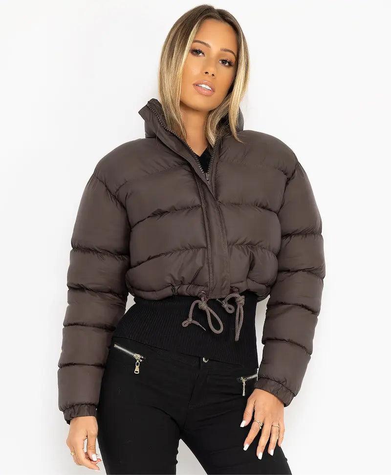 BIGWIG women's short down jacket, zipper thickened quilted short coat, drawstring winter down jacket, autumn and winter cotton jacket, windproof, waterproof and cold-proof cotton jacket, puffer jacket, fashionable zipper stand collar