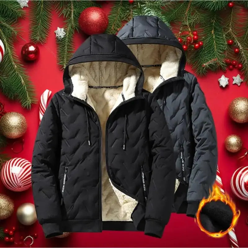 2026 New Stylish Menswear Men's Hooded Cotton-Blend Coat Jacket - Long-Sleeve, Plain, Casual, Warm Fleece-Lined Top with Ultrasonic Cotton Toothbrush Print, Fitted Cut, Medium Length, Attached Hood