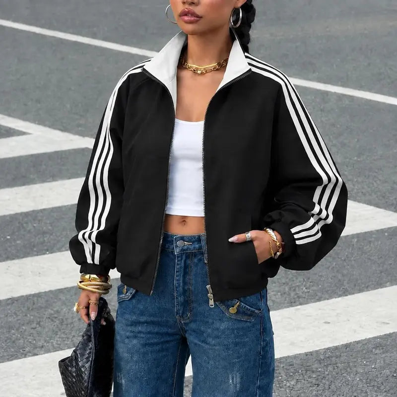 Women Reversible Zip Up Track Jacket, Striped Sleeve Stand Collar Windbreaker, Two Wear Ways Loose Drop Shoulder Outerwear, Elastic Cuffs Casual Athletic Coat, Lightweight Reversible Sport Jacket For Daily Streetwear, Shopping And Weekend Hangouts
