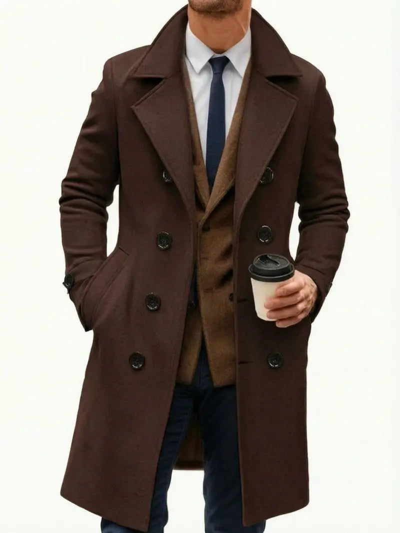 Men’s long trench coat jacket with notched lapel collar, double-breasted design, slim fit, classic mid-length overcoat