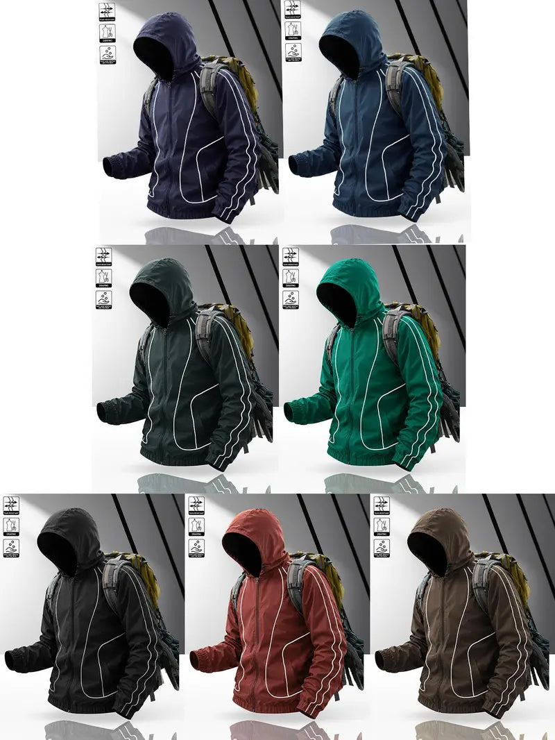 Men's windproof waterproof jacket, breathable outdoor hiking coat, foldable hat design, lightweight and durable, all weather use, suitable for spring and summer in thin styles.