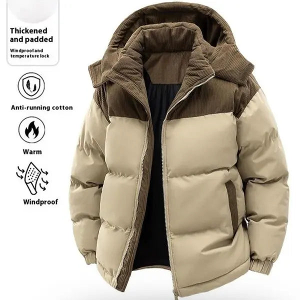 Men's Casual Thick Hooded Down Jacket, Polyester Fiber Filled, Winter Color Block Design, Long Sleeve Detachable Hat, Warm Outerwear, Coats