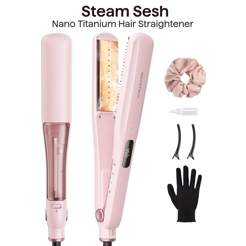 Wavytalk Steam Sesh Hair Straightener and Smooth Barrier Heat Protectant Spray Set, Hair Products, Silky Straight Hair