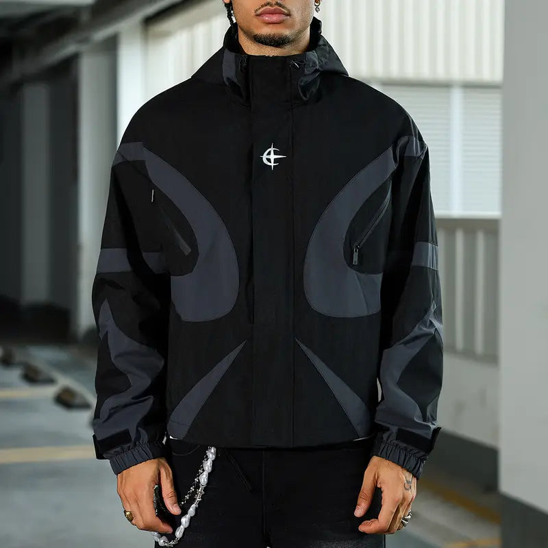 Color Block Hooded Windbreaker Jacket Unisex Adjustable drawstring hat with zipper front for both Outdoor Windproof Streetwear Coat Casual Menswear