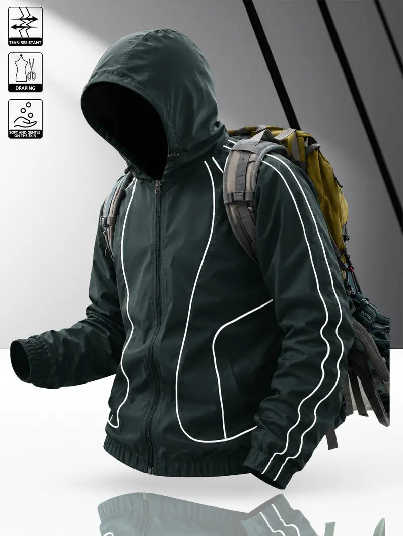 Men's windproof waterproof jacket, breathable outdoor hiking coat, foldable hat design, lightweight and durable, all weather use, suitable for spring and summer in thin styles.