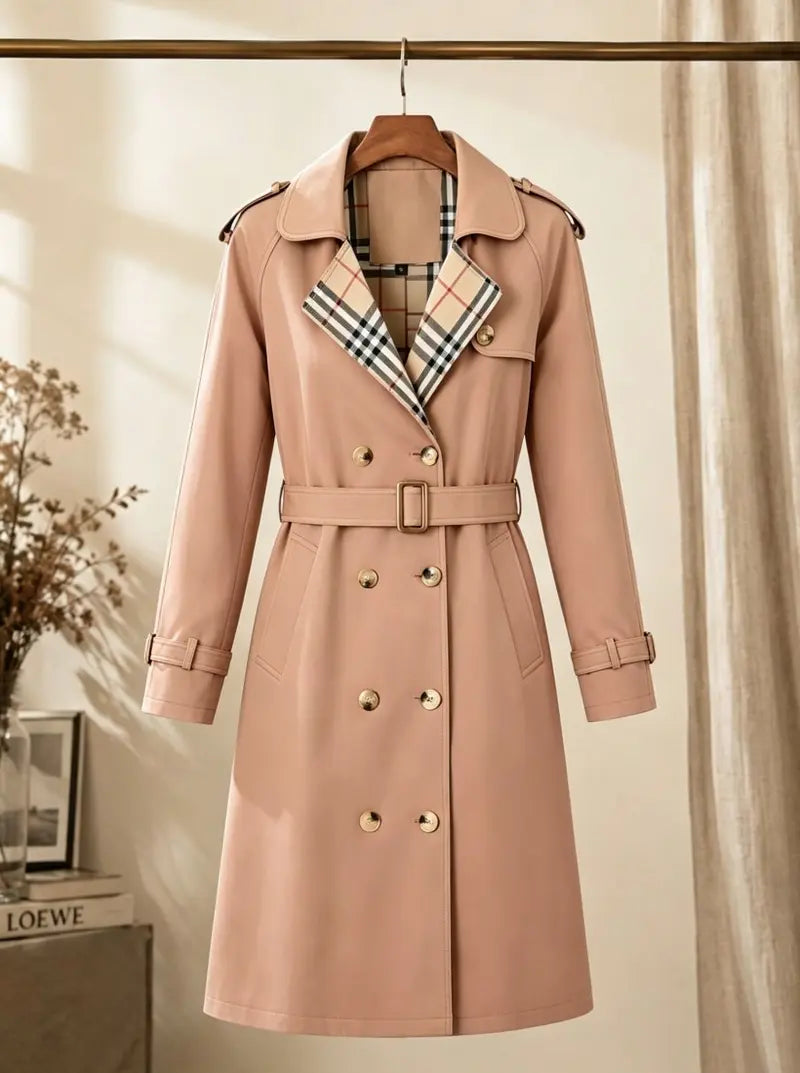 New autumn women’s loose long coat featuring a double-breasted design, khaki trench style, notched lapel with plaid lining, and an adjustable waist belt that cinches the silhouette—an essential piece for spring and autumn outfits.sohochic sohochic...