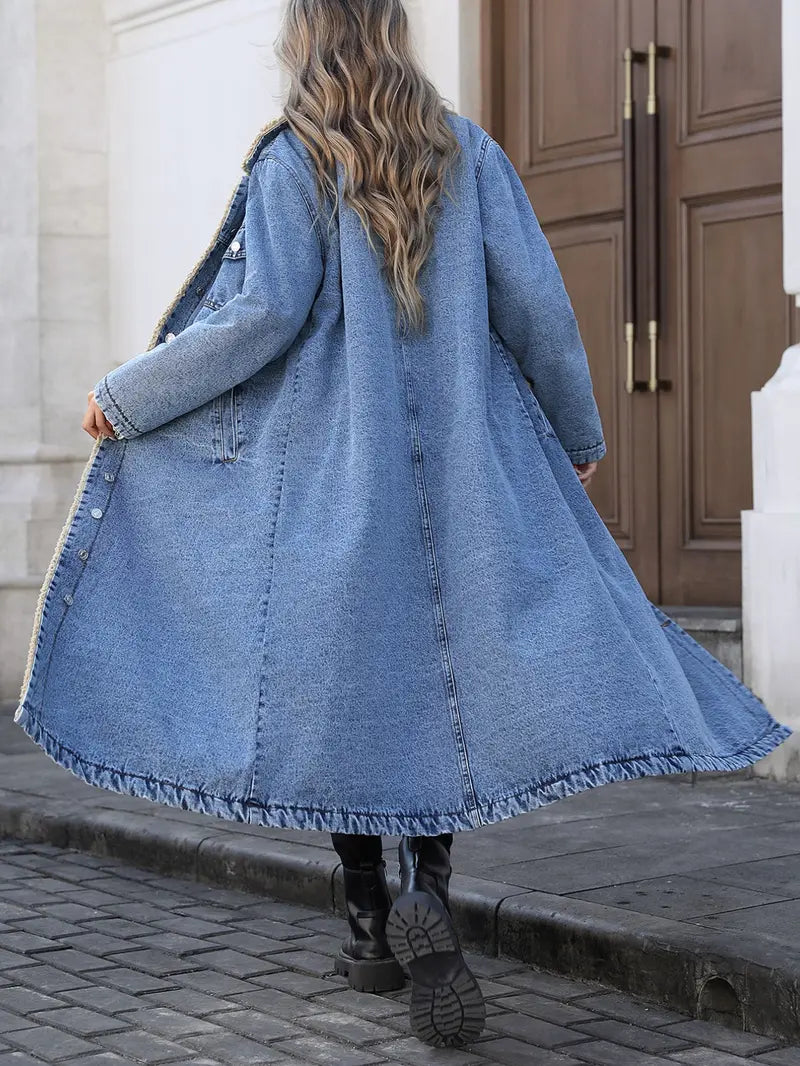 Women's Fall and Winter Casual Loose-Fit Long Jacket, Elegant Turn-Down Collar Warm-Lined Denim Coat for Plus-Size Women