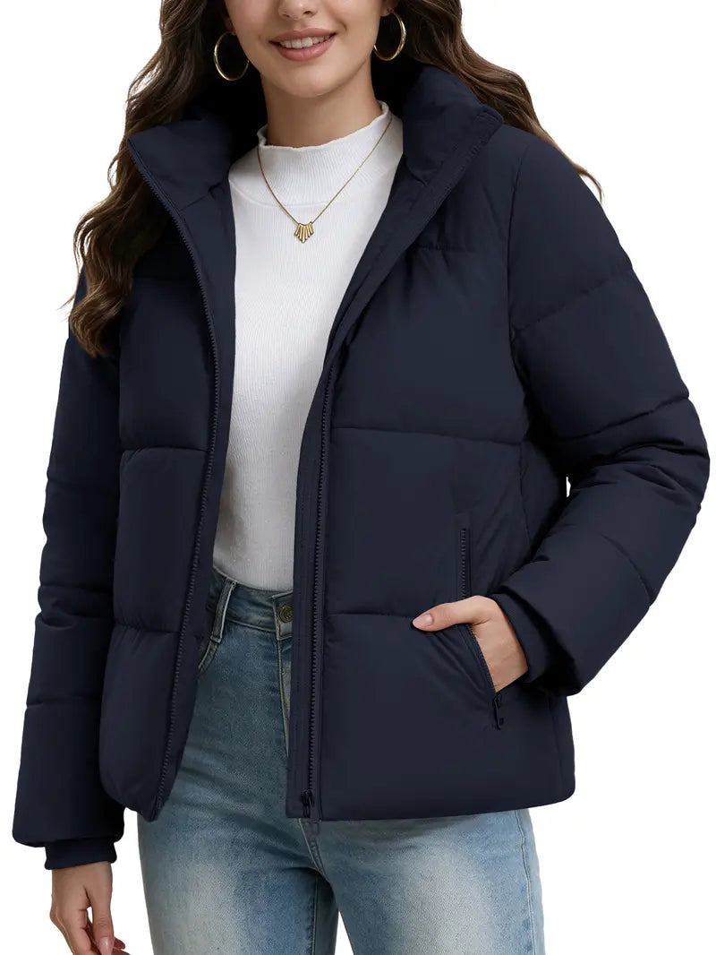 Women's Short Puffer Winter Jacket, Detachable Hood, SBS Zipper, Water Repellent 100% Polyester Fabric, Windproof Ribbed Cuffs, Secure Zip Pockets Casual Warm Outerwear for Daily Outdoor Wear