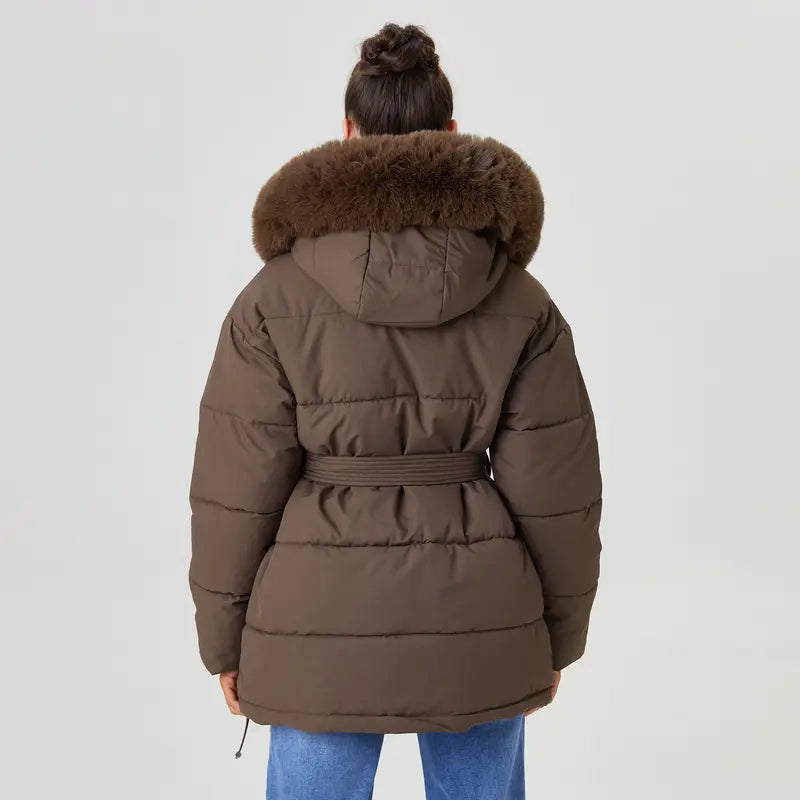 Katch Me Chic (US/CN)Women's Chic Solid Color Fluffy Hooded Zip-Up Belt Decor Cotton Coat, Cozy Outerwear Jacket for Fall & Winter, Classy Long Sleeve Womenswear