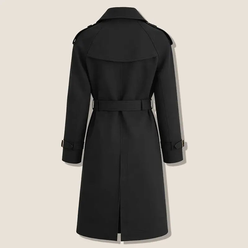 Women’s fashionable cape coat—double-breasted long design with a lapel collar and plaid pattern, featuring an adjustable waist belt that cinches the figure; classic British-style outerwear suitable for everyday commuting, office wear, travel, and ...