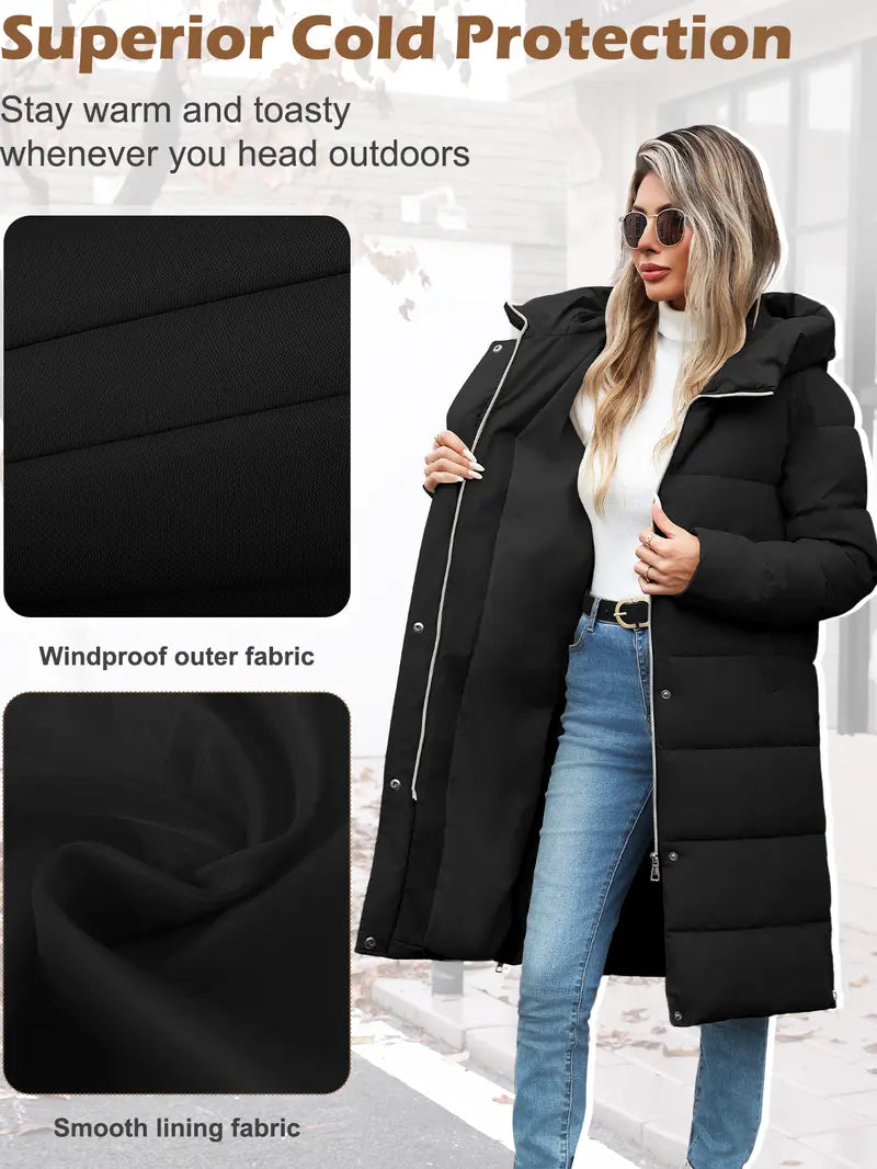 Womens Winter Long Puffer Coats Down Thicken Warm Quilted Jacket Mid-Length with Side Zipper and Hood Outerwear