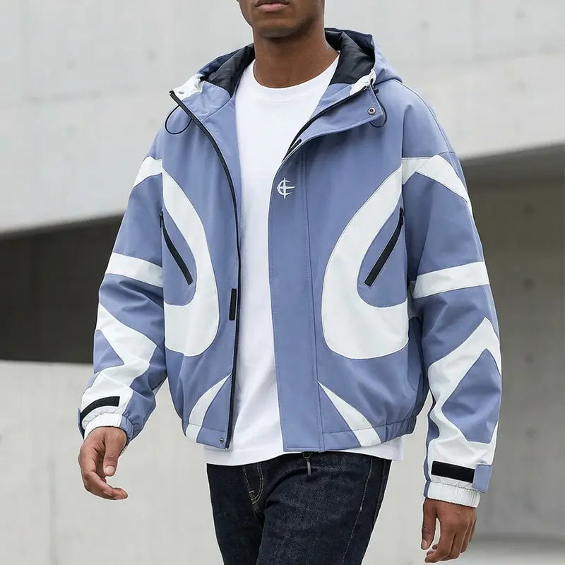 Color Block Hooded Windbreaker Jacket Unisex Adjustable drawstring hat with zipper front for both Outdoor Windproof Streetwear Coat Casual Menswear