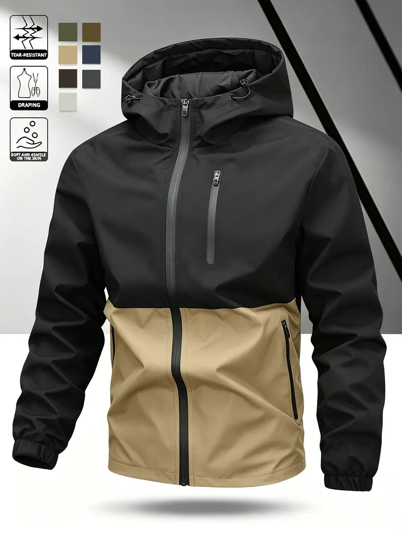 Men’s Color-Block Hooded Hardshell Coat - Tear-Resistant, Wear-Resistant Menswear with Contrast Zip, Multiple Waterproof Zippered Pockets, Adjustable Drawstring Hood, Long-Sleeve Outerwear for Autumn/Winter Mountaineering, Hiking