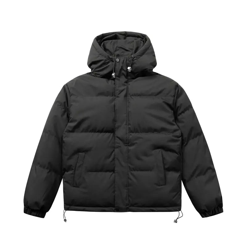 Men's Basic Casual Oversized Streetwear Hooded Down Jacket - Solid Color Polyester Winter Coat with Thickened Zipper, Patch Pockets