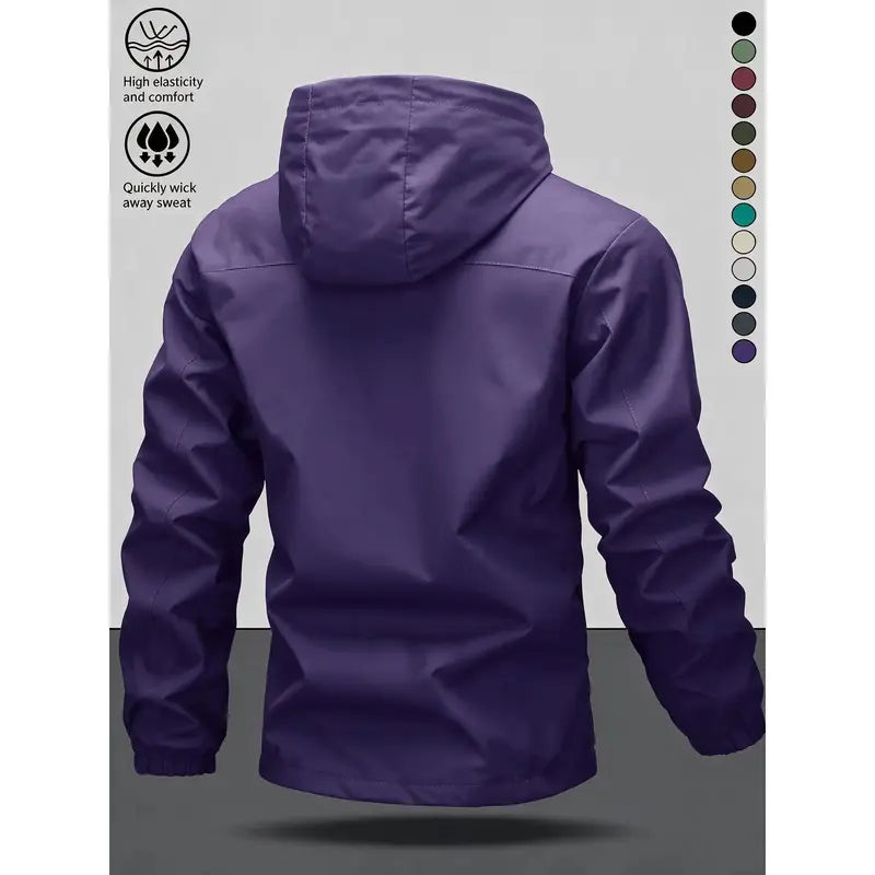 Men Lightweight Outdoor Hooded Jacket Water Resistant Windbreaker Full Zip Adjustable Drawstring Hood Hiking Work Shell Coat Multi‑Color