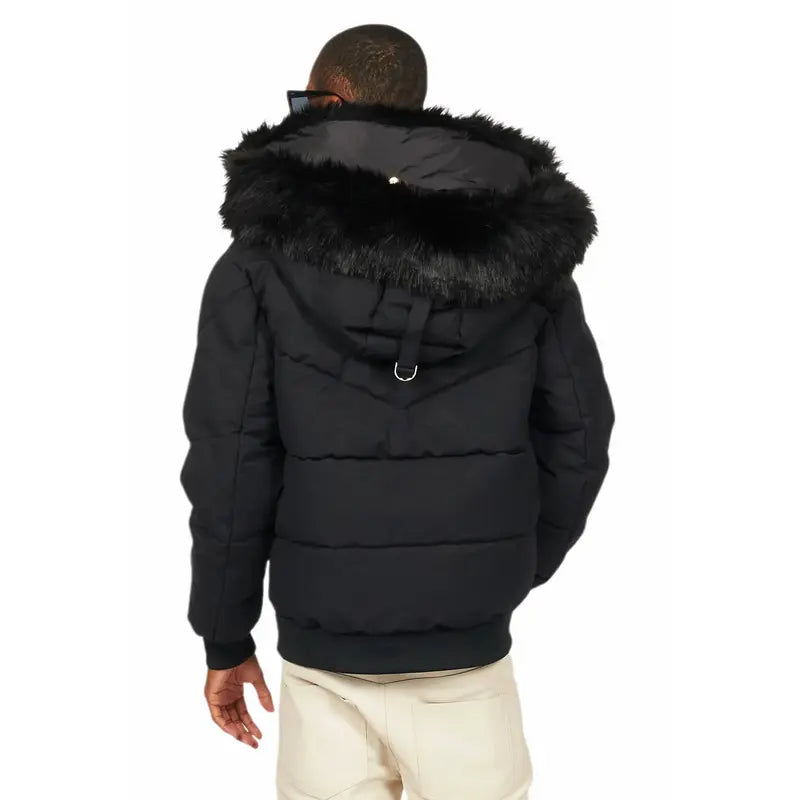 Langston Black Puffer Jacket with Fur Hood