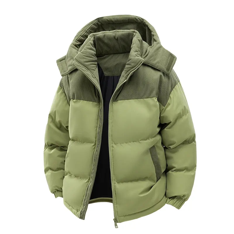 Men's Winter Color-Block Hooded Down Jacket - Thick, Warm, Loose-Fit, Detachable Hood, Contrasting Panels, Ideal for Everyday Commuting, Outdoor Activities