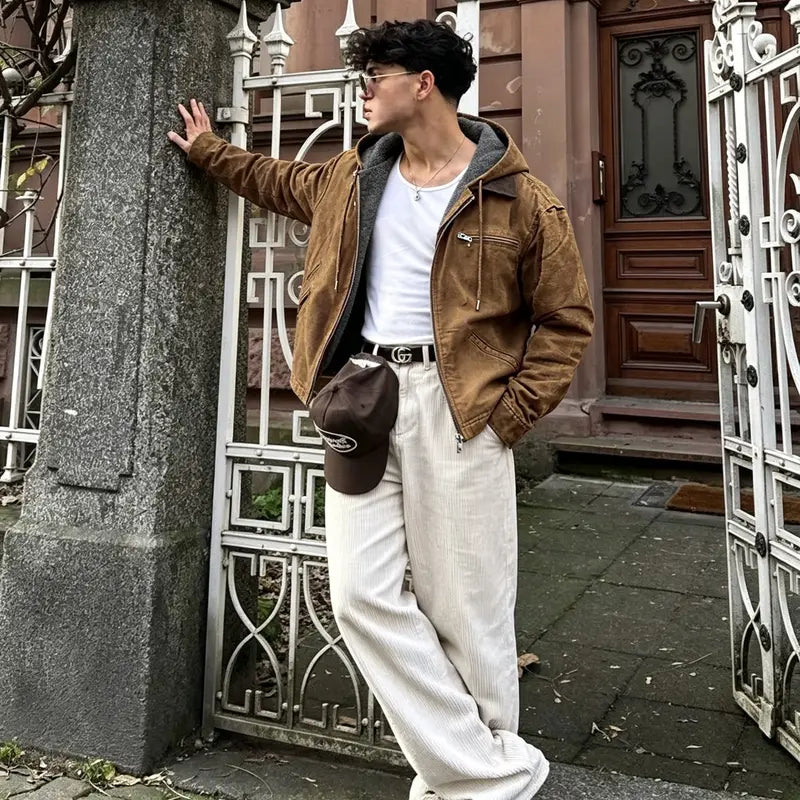 Men’s fleece-lined hooded canvas work jacket, zip-up removable collar, warm winter utility outerwear, casual trucker coat