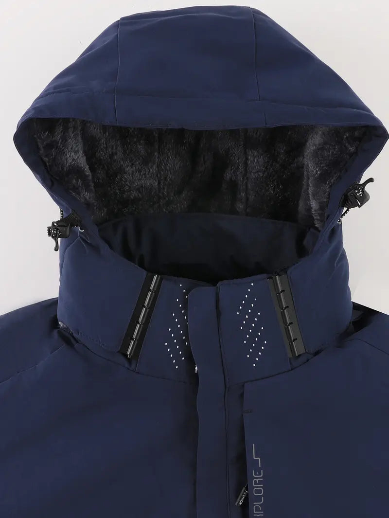 Men’s thickened waterproof windproof outdoor hooded ski jacket, slim-fit all-season sports outerwear suitable for winter camping and hiking, with a windproof hood