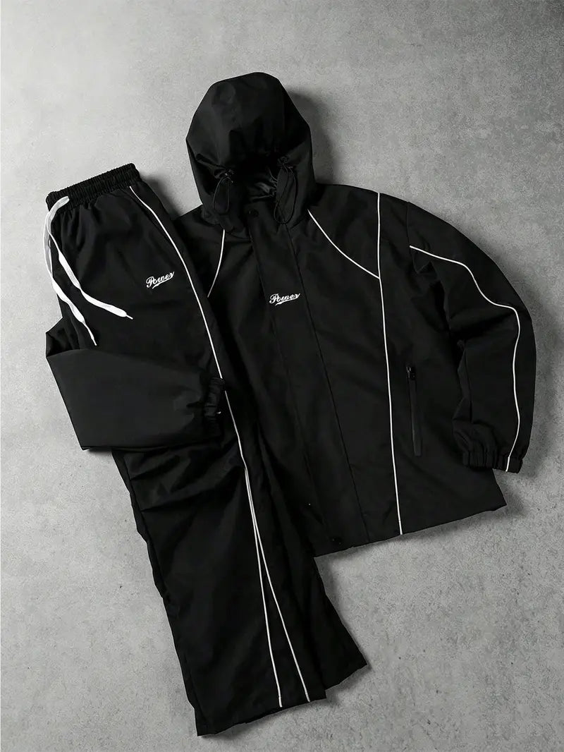Men’s Streetwear 2-Piece Tracksuit Set, Hooded Windbreaker Jacket & Wide Leg Trousers with Contrasting Line Design, Lightweight Wind-Resistant for Urban Hangouts & Sports