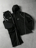 Men’s Streetwear 2-Piece Tracksuit Set, Hooded Windbreaker Jacket & Wide Leg Trousers with Contrasting Line Design, Lightweight Wind-Resistant for Urban Hangouts & Sports