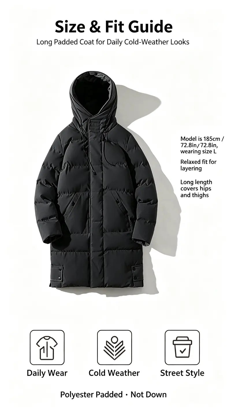 Men’s Winter Long Plain Puffer Jacket (Plus Size/Big & Tall) - Polyester-Filled Heavyweight Quilted Windproof Coat, Adjustable Drawstring Hood, Snap Buttons Hem, Zip-Up Street Chic Warm Jacket for Extreme Cold