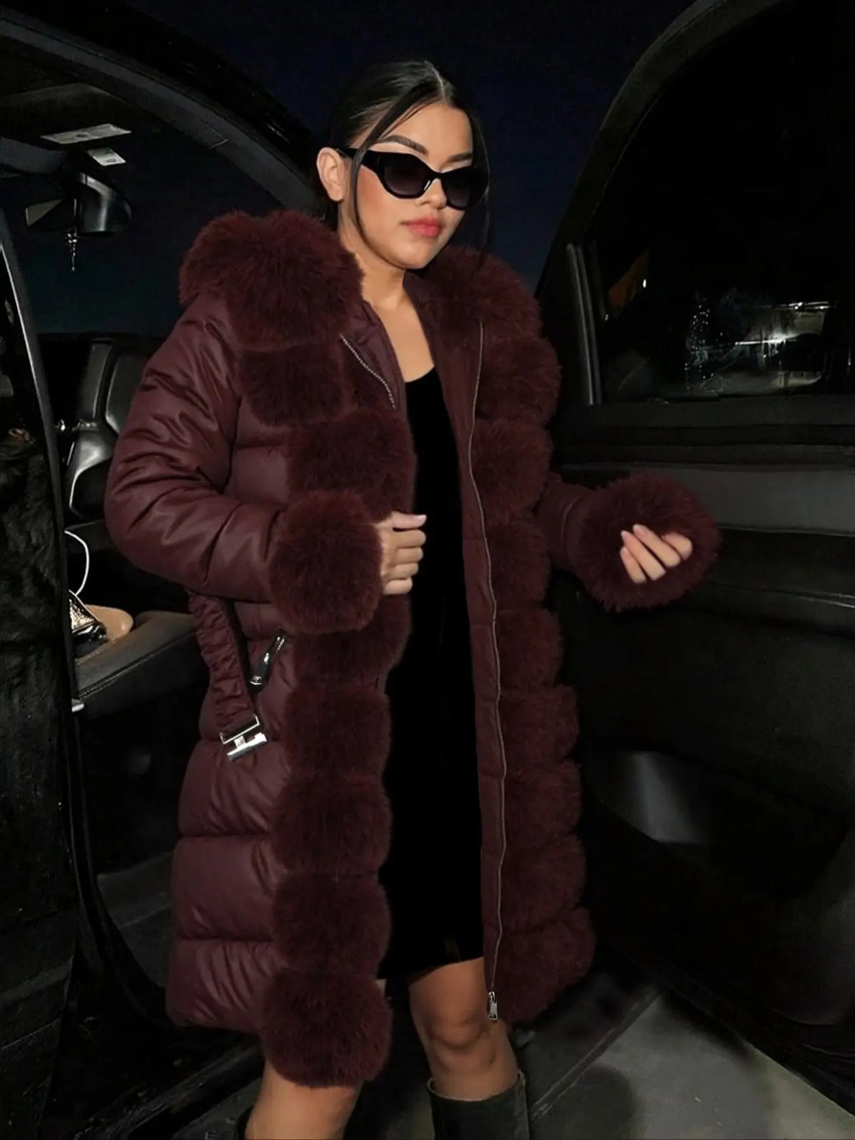 Women's Elegant Chic puffer Coat with Fleece Trim, Faux Fur & Belt, Mid-Length Fall Winter Hooded Fitted Woven Jacket, Warm Daily Wear Outerwear Tops, Womenswear