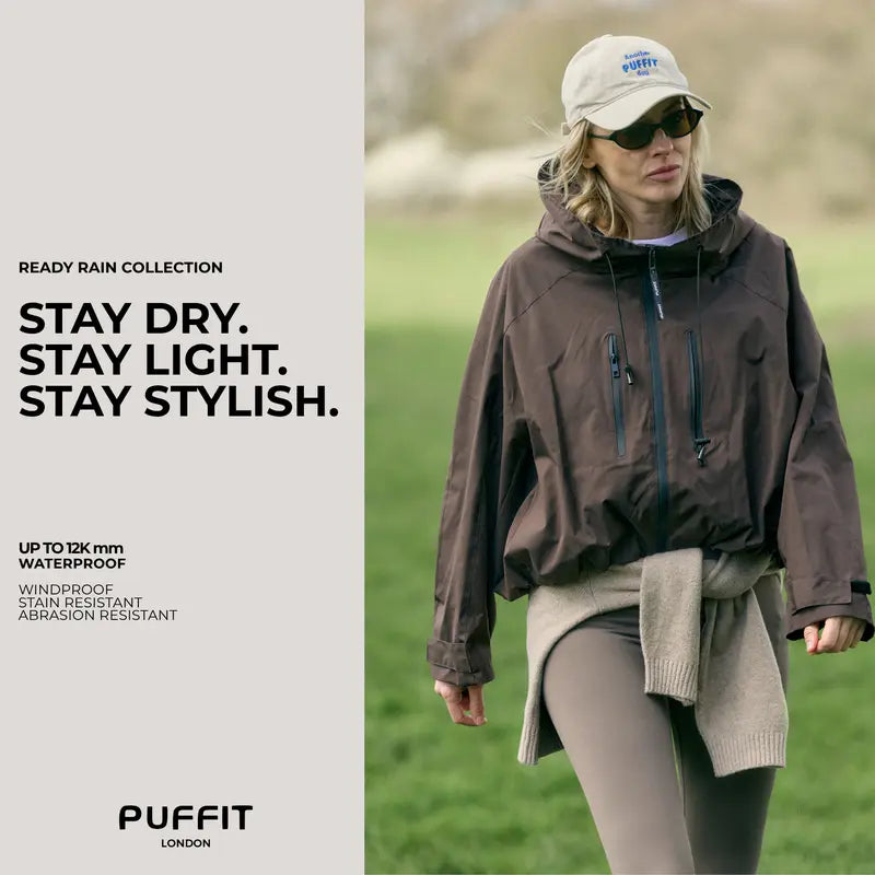 【Restocked】PUFFIT STM-TEX Short One-Size Rain Jacket With Pleated Hem,Hooded Jacket,Waterproof Jacket,Women Jacket,Wide-Brim Hood,Adjustable Cuffs,Zips,Outdoor Sport,Windbreaker,Fall,Winter,Dog Walking,School Running,Stylish,Womenswear,2026 Shopping