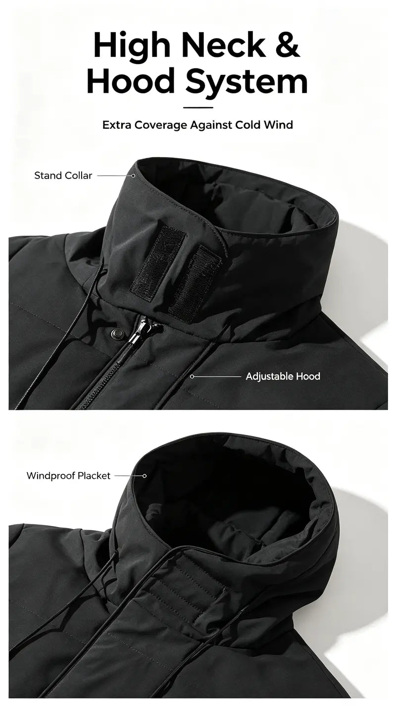 Men’s Winter Long Plain Puffer Jacket (Plus Size/Big & Tall) - Polyester-Filled Heavyweight Quilted Windproof Coat, Adjustable Drawstring Hood, Snap Buttons Hem, Zip-Up Street Chic Warm Jacket for Extreme Cold