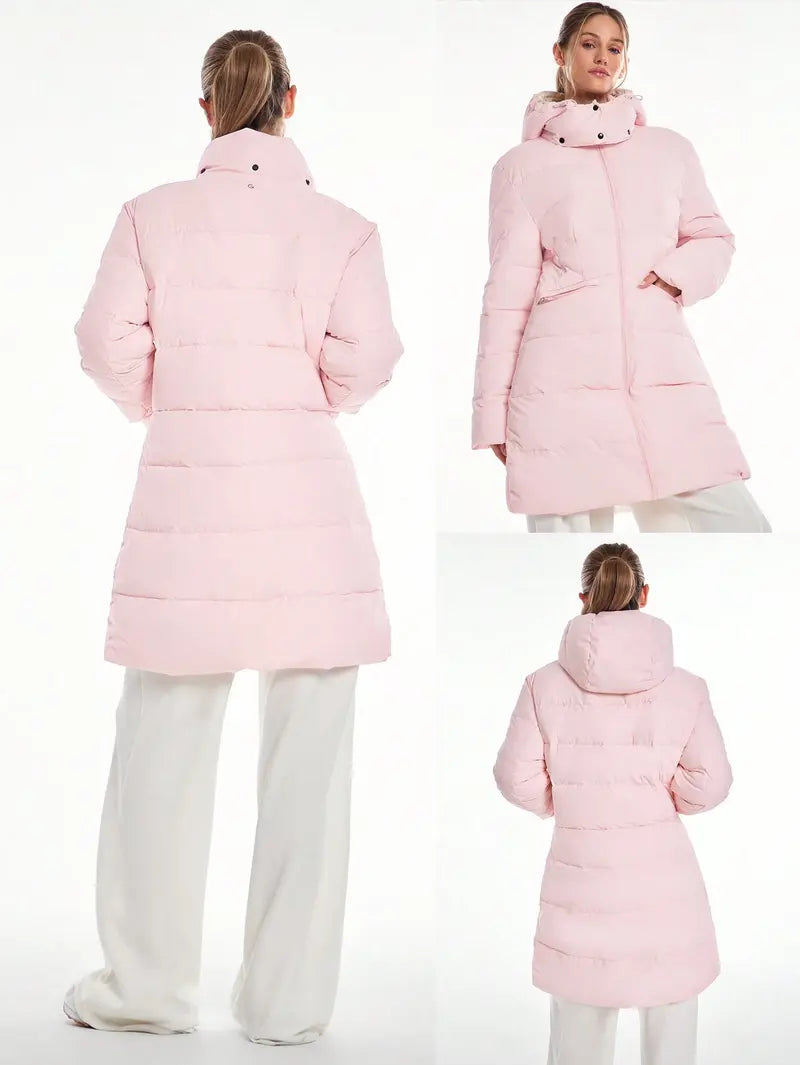 GLOWMODE Chic In Warmth Blizzard Flex Matte Soft Cozy Insulating Zipper Snap Button Closure Pockets Detachable Hood Hip-To-Mid-Knee Length Puffer Jacket Autumn Winter Outdoors Daily Casual Wear